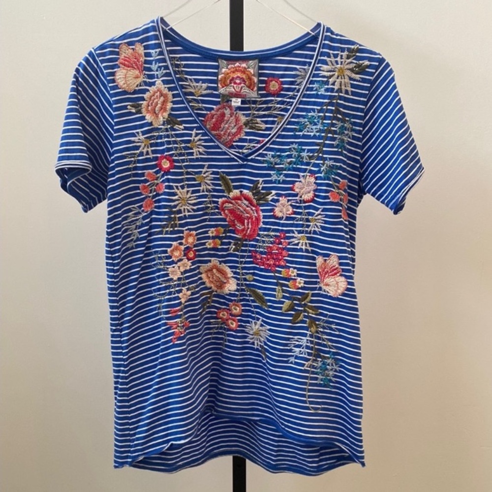 Johnny Was Striped Floral Embroidered T-Shirt